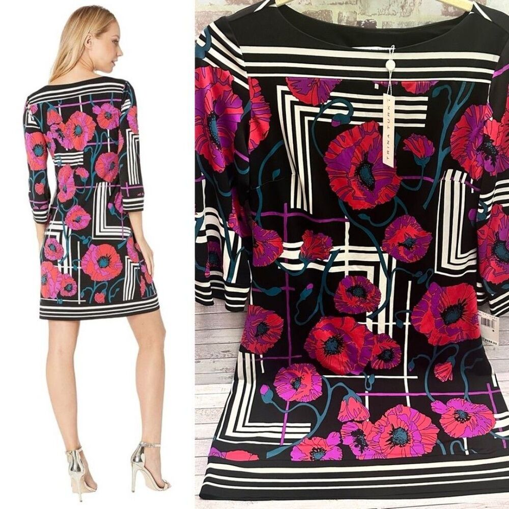 TRINA TURK Floral Black and Pink Dress Size S